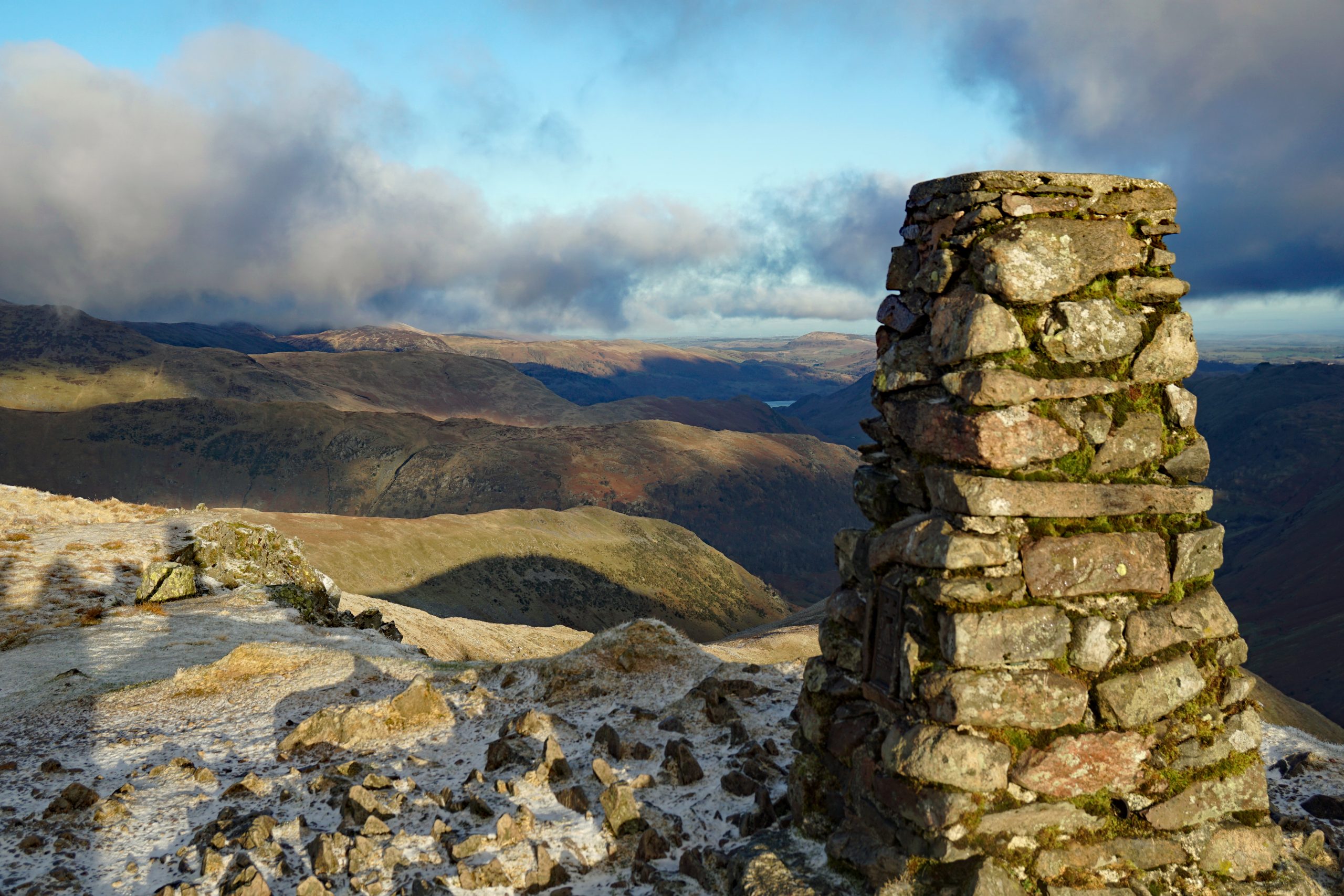 A stone pillar on a lake district hill